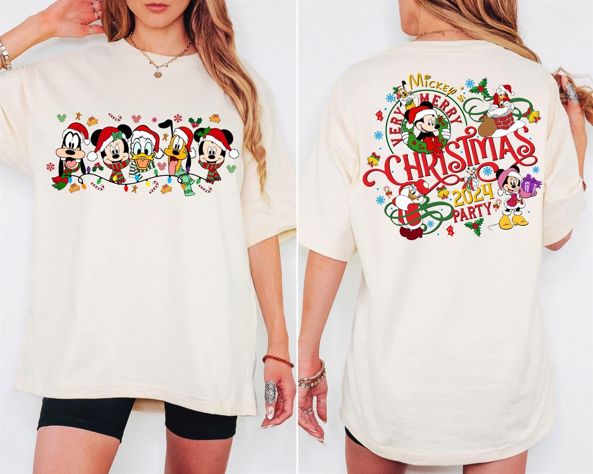 2-sided Mickey’s Very Merry Christmas Party 2024 Shirt Disney Santa Mickey And Friends Group Christmas Lights Shirt Disneyland Xmas Tee Size Up To 5xl