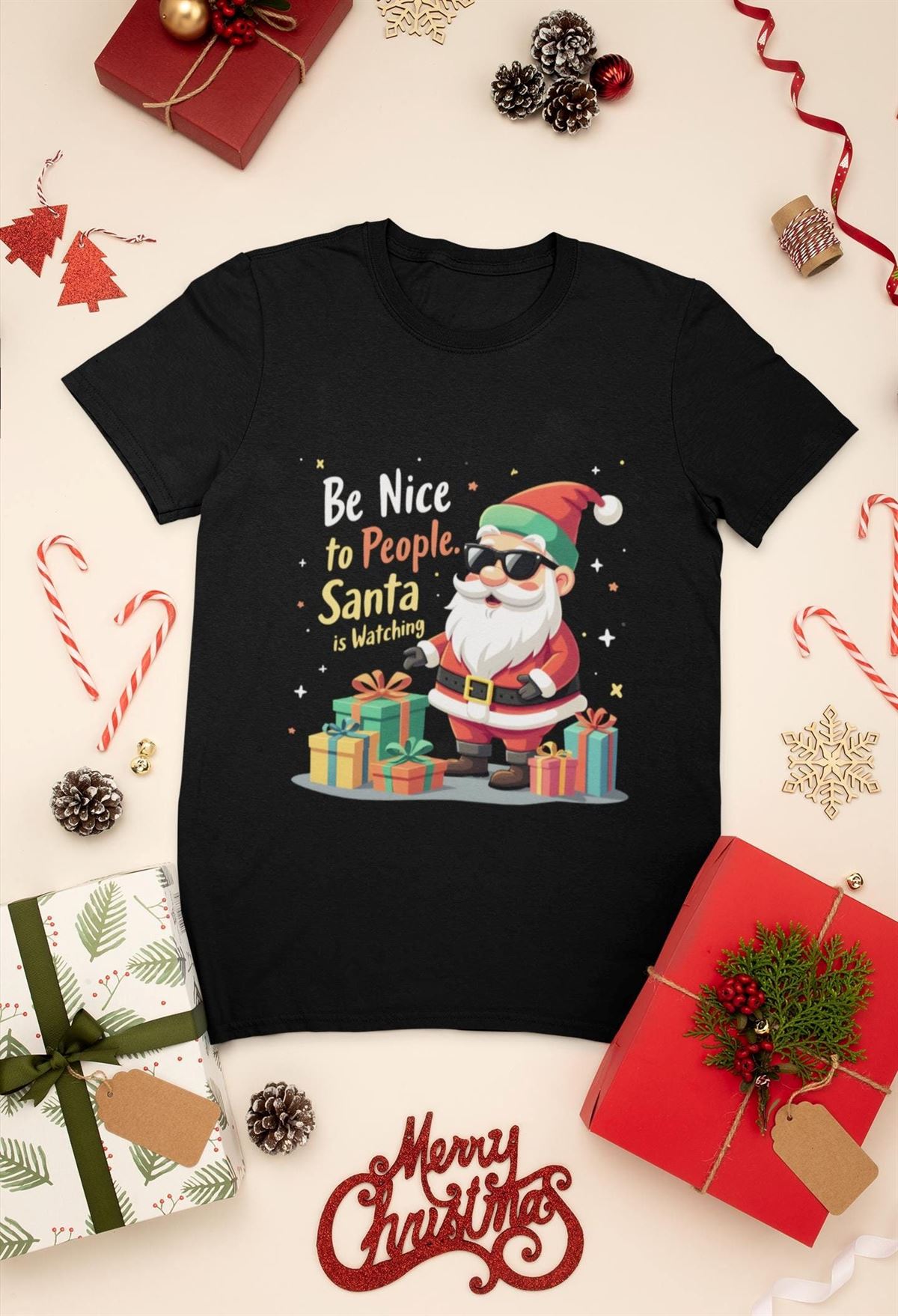 Be Nice To People Santa Tee Funny Christmas Shirt Santa Claus Gift Design Sunglasses Santa Holiday Tshirt Christmas Humor Shirt Gifts Full Size Up To 5xl