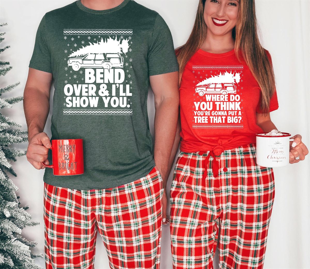 Bend Over And I’ll Show You Christmas Couple Matching T-shirt Christmas Vacation Shirt Griswold Family Shirt Cute Christmas Tree T-shirt Plus Size Up To 5xl