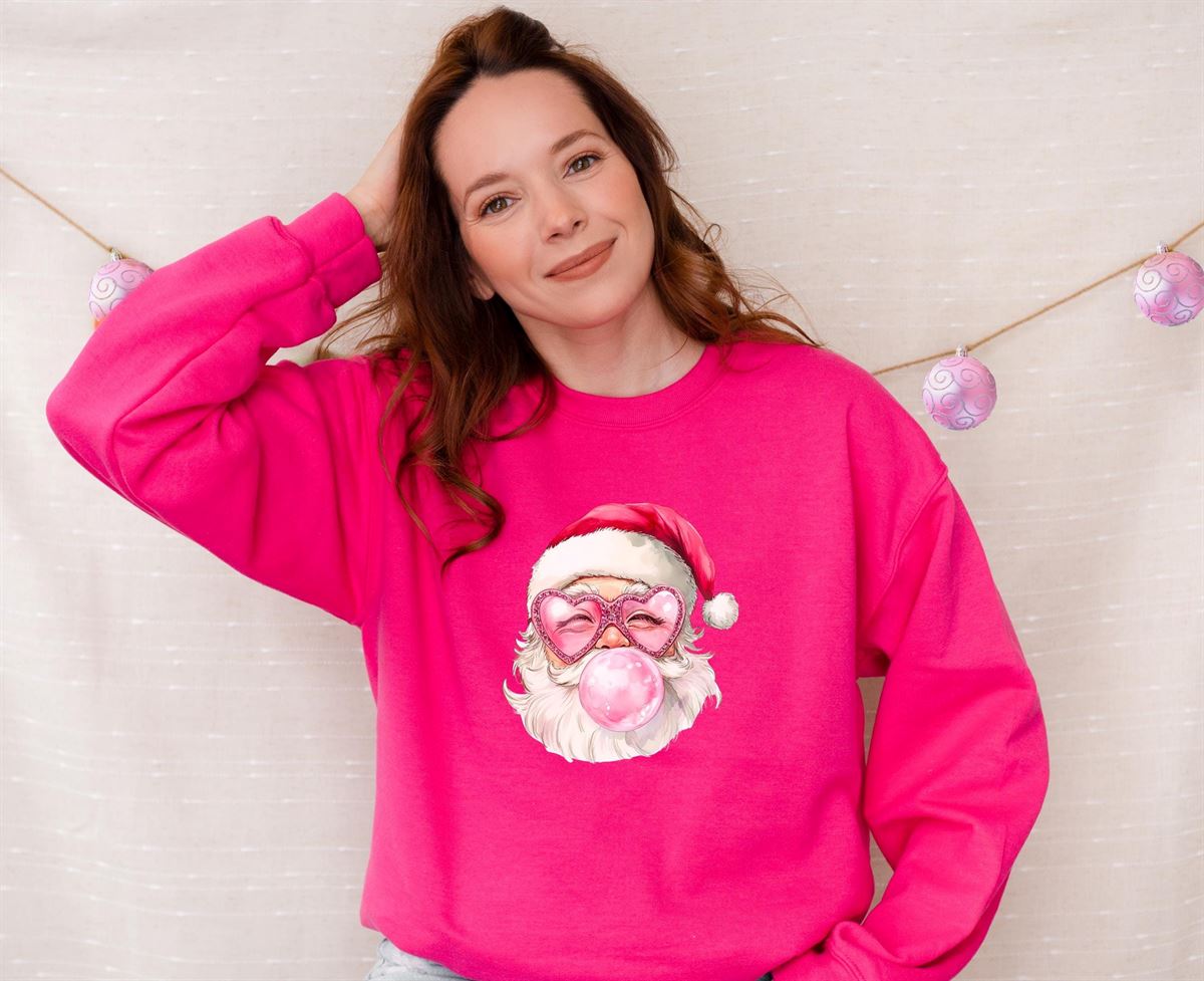 Bubble Gum Santa Christmas Sweatshirt – Pink Xmas Tee – Sunglasses Santa Blowing Bubbles Shirt – Cute Trendy Holiday Gift Plus Size Up To 5xl