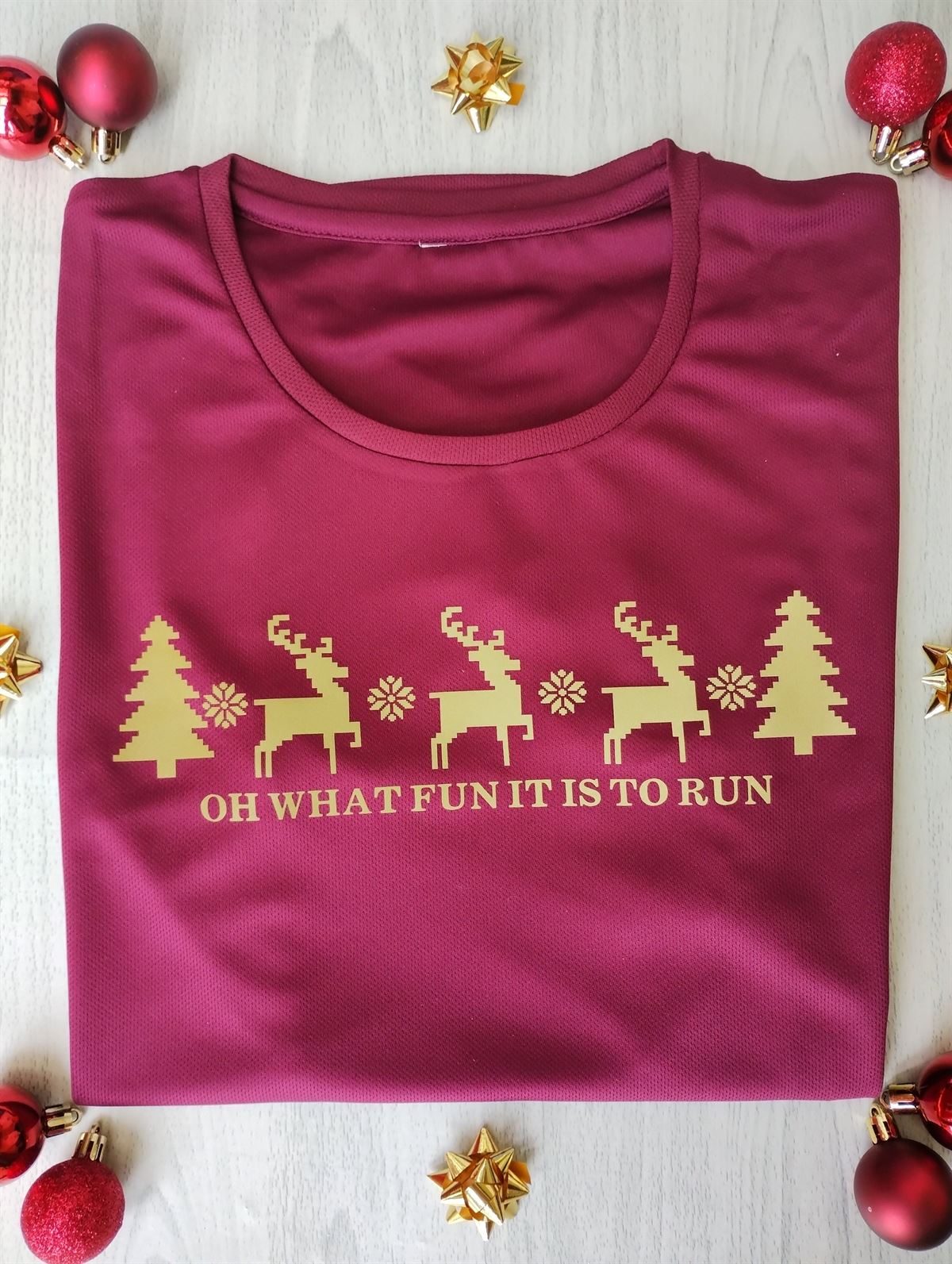 Burgundygold Christmas Short Sleeve Technical Running T-shirt Gift For Runner Reflective Gold Reindeer Xmas Running Kit Ladies Fit Full Size Up To 5xl