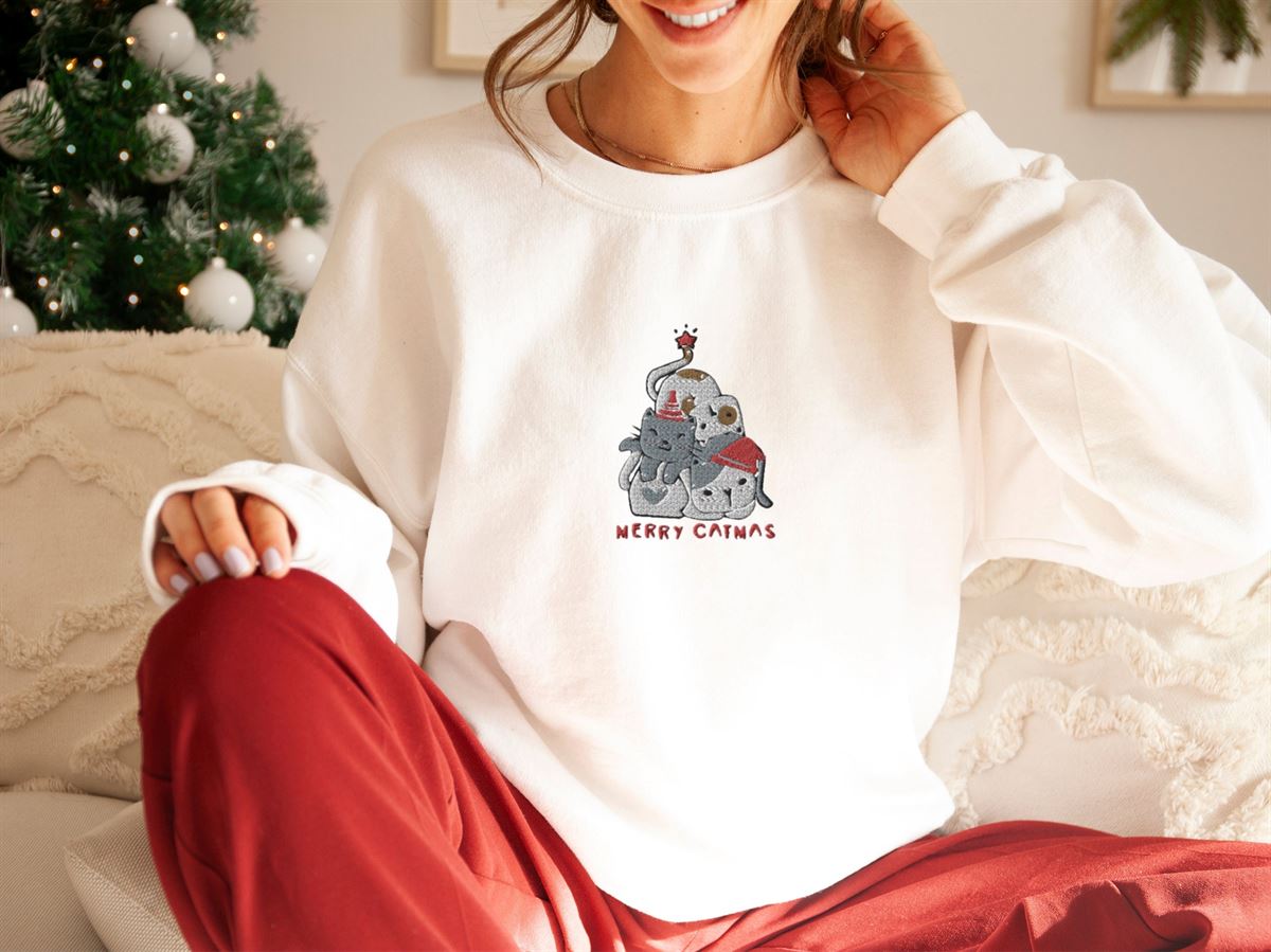 Cat Lover Christmas Gift Embroidered Catmas Sweatshirt Funny Christmas Shirt Christmas Hoodie Holiday Sweater Cute Cat Shirt Cat Lover Plus Size Up To 5xl