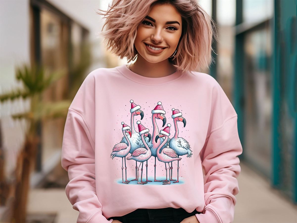 Christmas Flamingo Sweatshirt Flamingo Lover Shirt Christmas Flamingo Hoodie Pink Flamingos Shirt Cute Christmas Hat Pullover Plus Size Up To 5xl