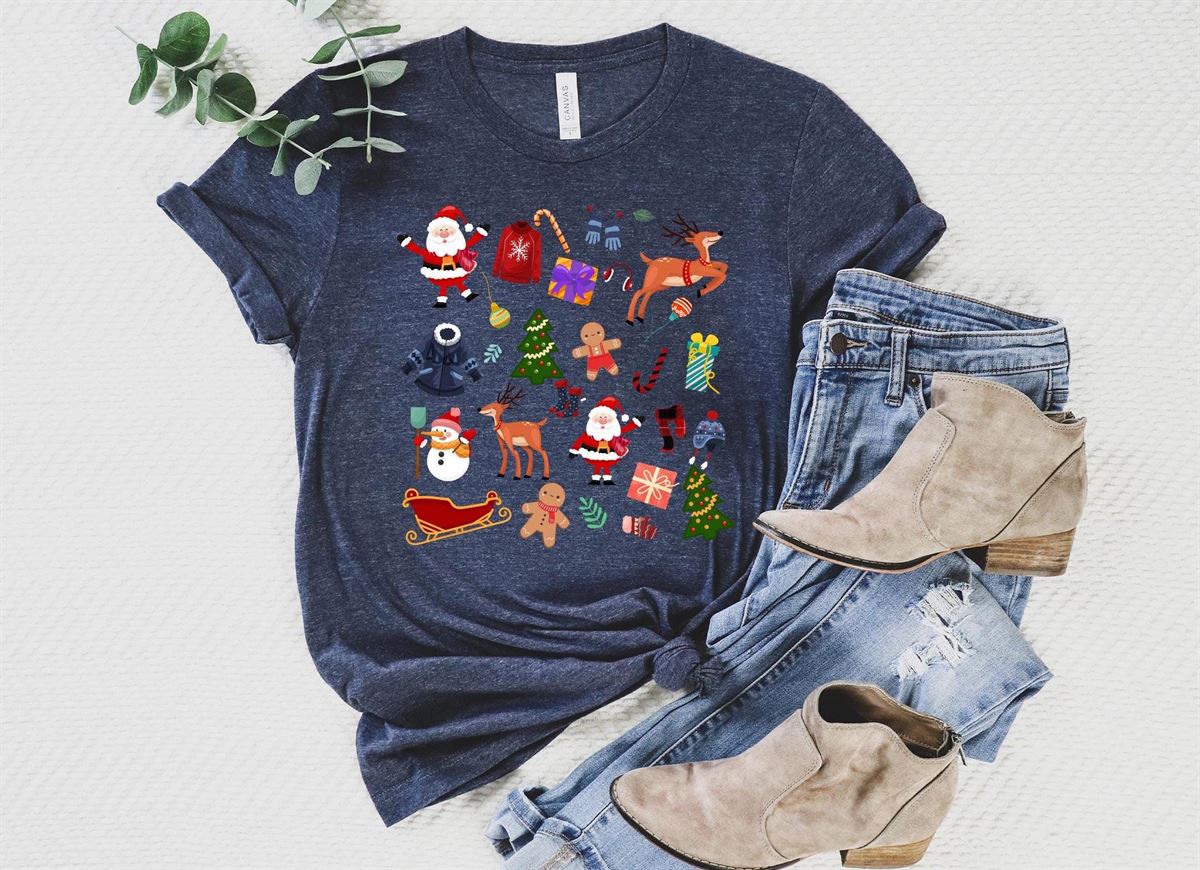 Christmas Holiday Icons Tee Cute Christmas Graphic Tee For Women Santa Reindeer Snowman Design Fun Holiday Shirt Xmas Gift Idea Full Size Up To 5xl