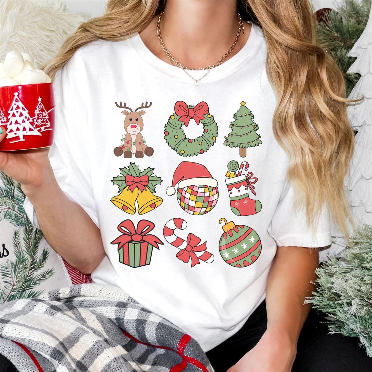 Christmas Holiday Themed Graphic T-shirt Retro Style Vibes Cute Gift For Her Gatherings Parties Family Fun Tee Cheerful Apparel Full Size Up To 5xl