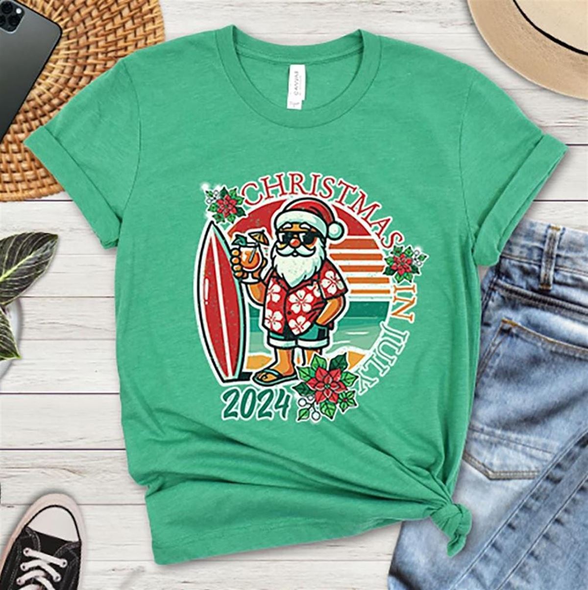 Christmas In July Santa Surfing T-shirt Fun Holiday Graphic Tee 2024 Edition Perfect Gift Full Size Up To 5xl