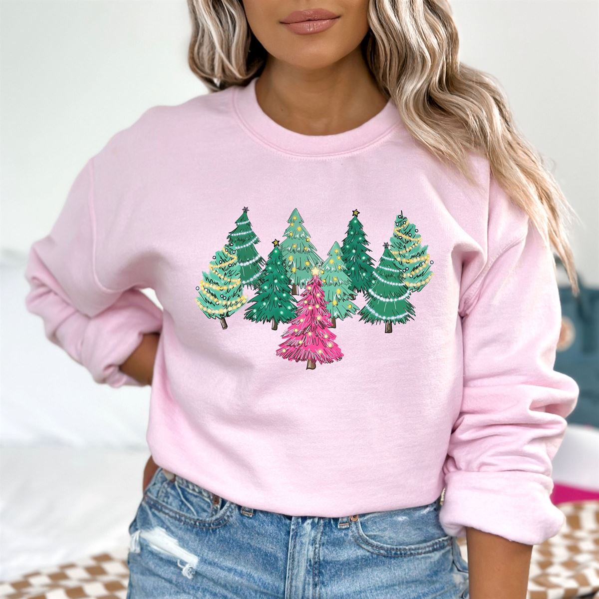 Christmas Sweatshirt Gift For Her Pink Christmas Tree Shirt For Women Festive Holiday Sweater Pink Tree Crewneck Christmas Tree T-shirt Plus Size Up To 5xl