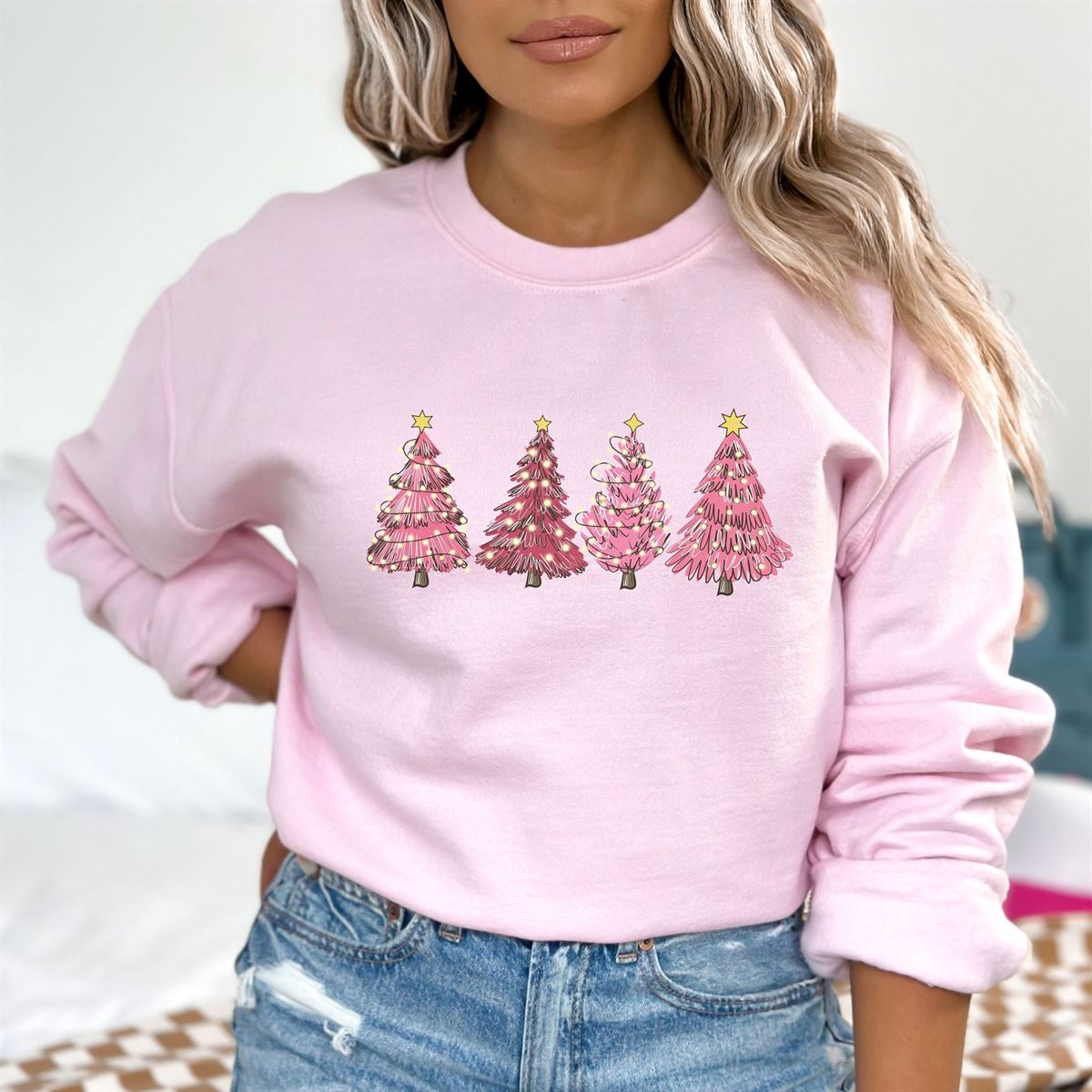 Christmas Sweatshirt Pink Christmas Tree Gift Pink Xmas Trees Shirt Fuchsia Tree Crewneck Sweater Gift For Women Modern Holiday Gifts Size Up To 5xl