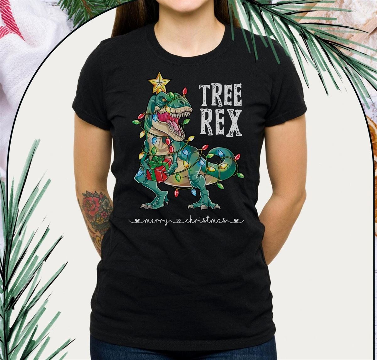 Christmas Tree Rex Ladies Organic Shirt Funny Dinosaur Christmas Shirt Gift Idea For Her T-rex Women Xmas T-shirt Gift Size Up To 5xl