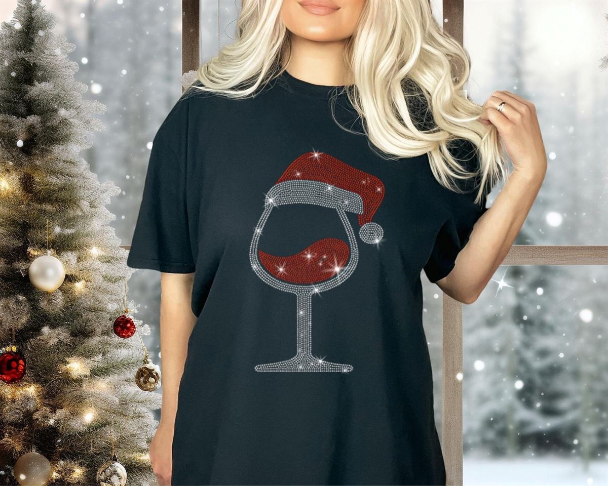 Christmas Wine Glass With Santa Hat Rhinestone Bling Shirt Glittery Festive Fun Tee Drinkers Party Cheers Shirt Best Gift For Xmas Plus Size Up To 5xl