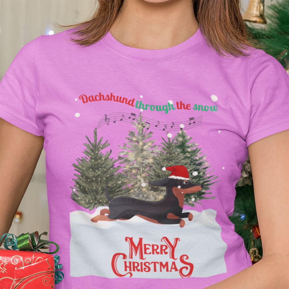 Dachshund Christmas T-shirt Sausage Dog In The Snow Fun Christmas Tee Shirt Plus Size Up To 5xl