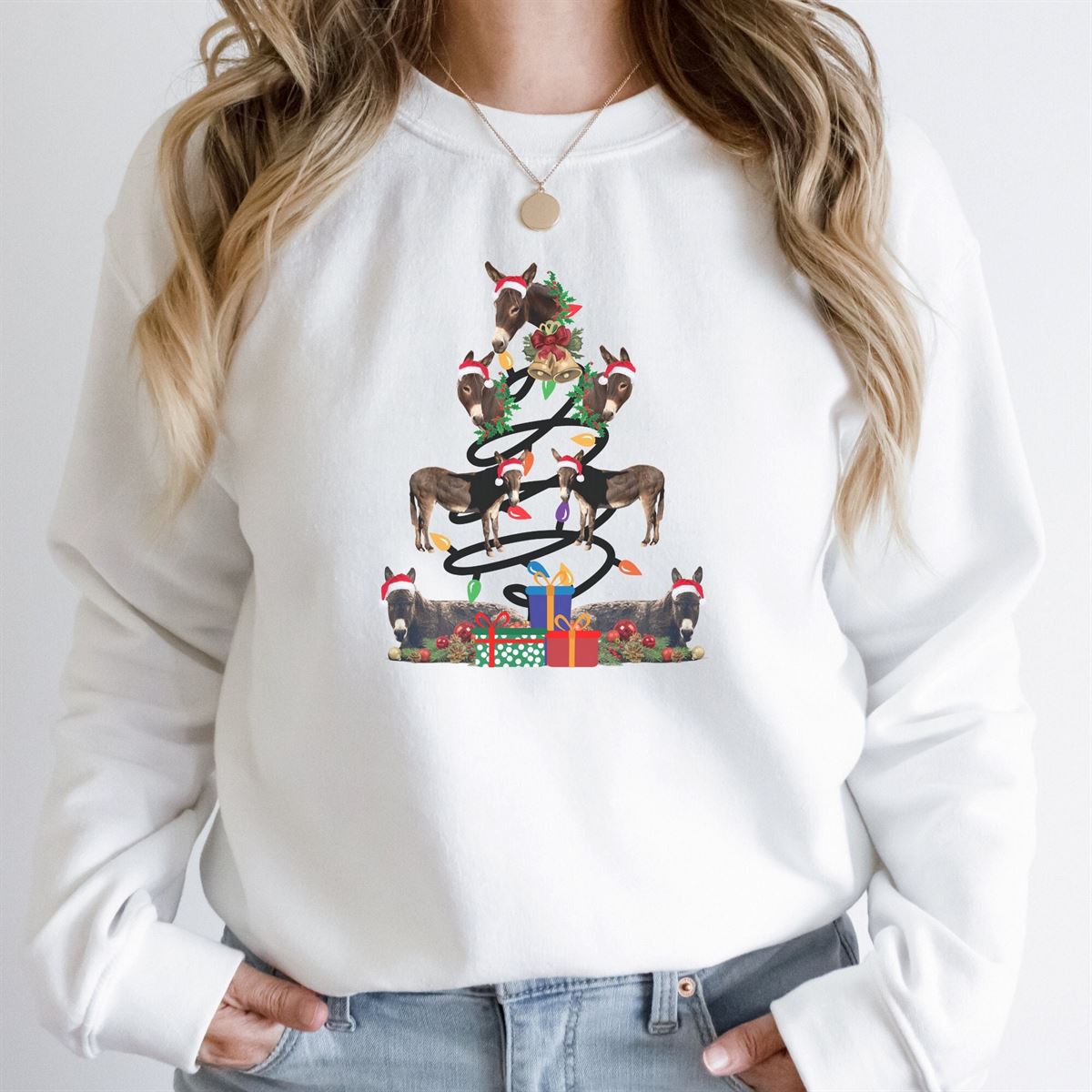 Donkey Christmas Tree Sweatshirt Funny Christmas Shirt Donkey Lover Sweater Plus Size Up To 5xl