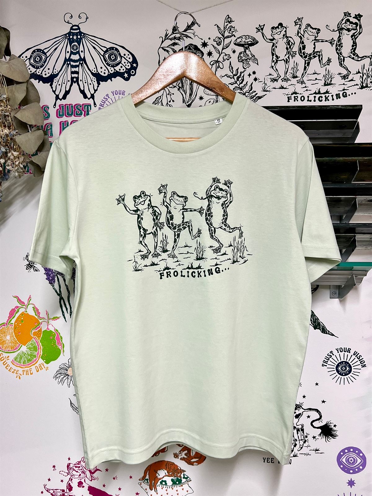 Frolicking Frogs Stem Green T-shirt Frogs T-shirt Frog Print Fun Graphic T-shirt Hand Screen Printed Full Size Up To 5xl