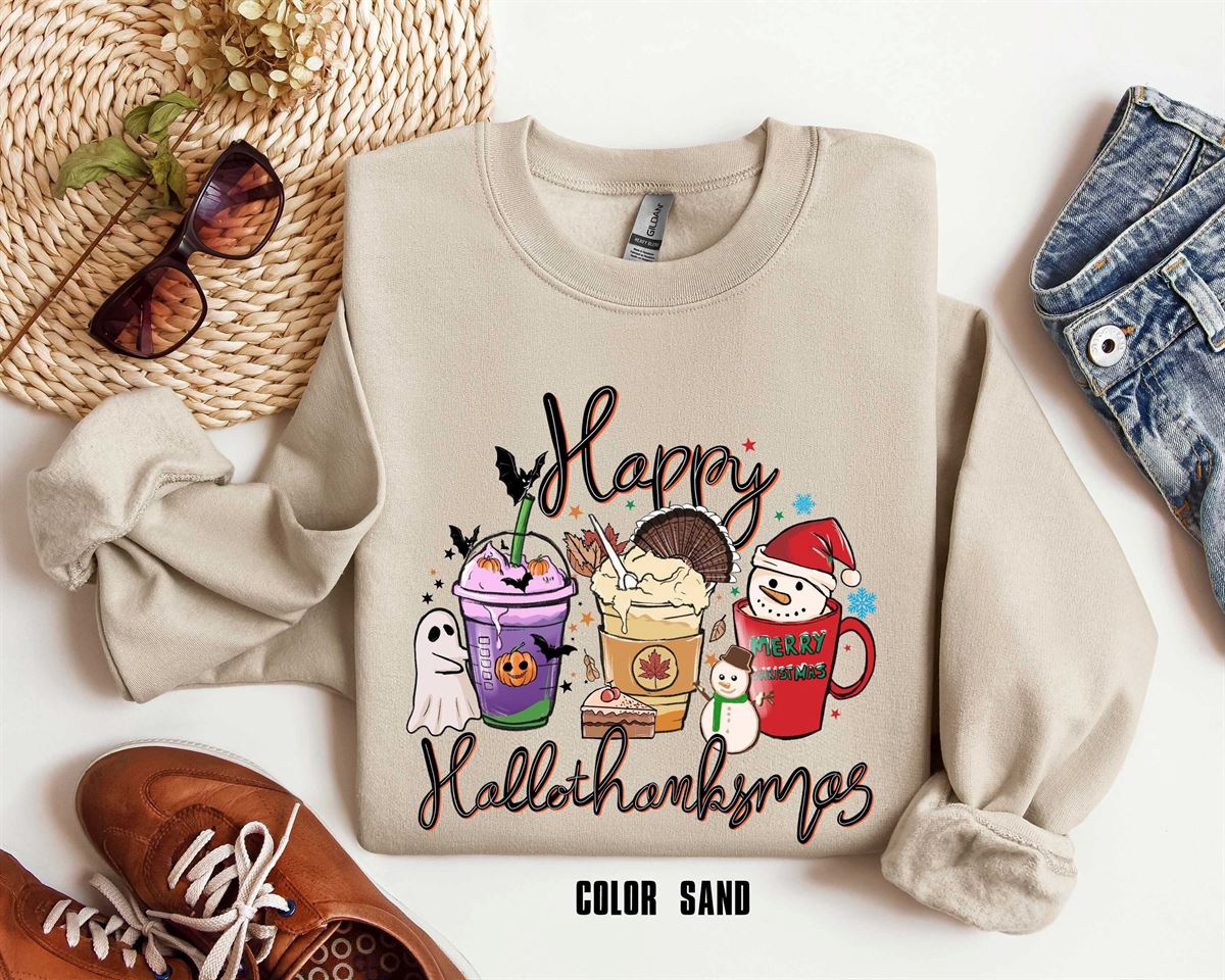 Happy Hallothanksmas Sweatshirt Christmas Sweatshirt Thanksgiving Shirt Christmas Shirt Coffee Pumpkin Spice Iced Snowmen Sweatshirt Full Size Up To 5xl