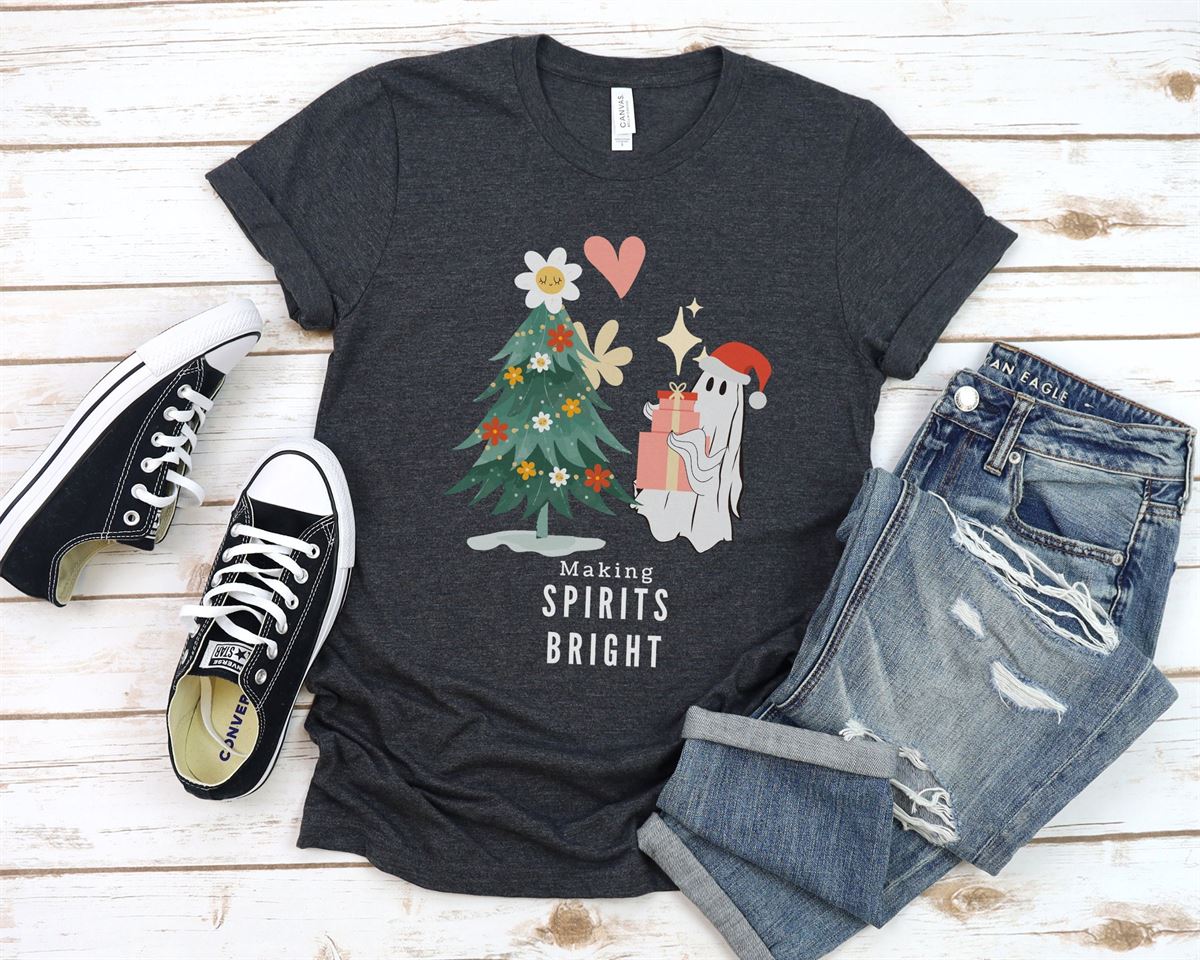 Making Spirits Bright -fun Christmas Shirt – Spooky Vintage Retro Holiday Shirt – Jingle Bells – Ghostly – Witchy – Santa Full Size Up To 5xl