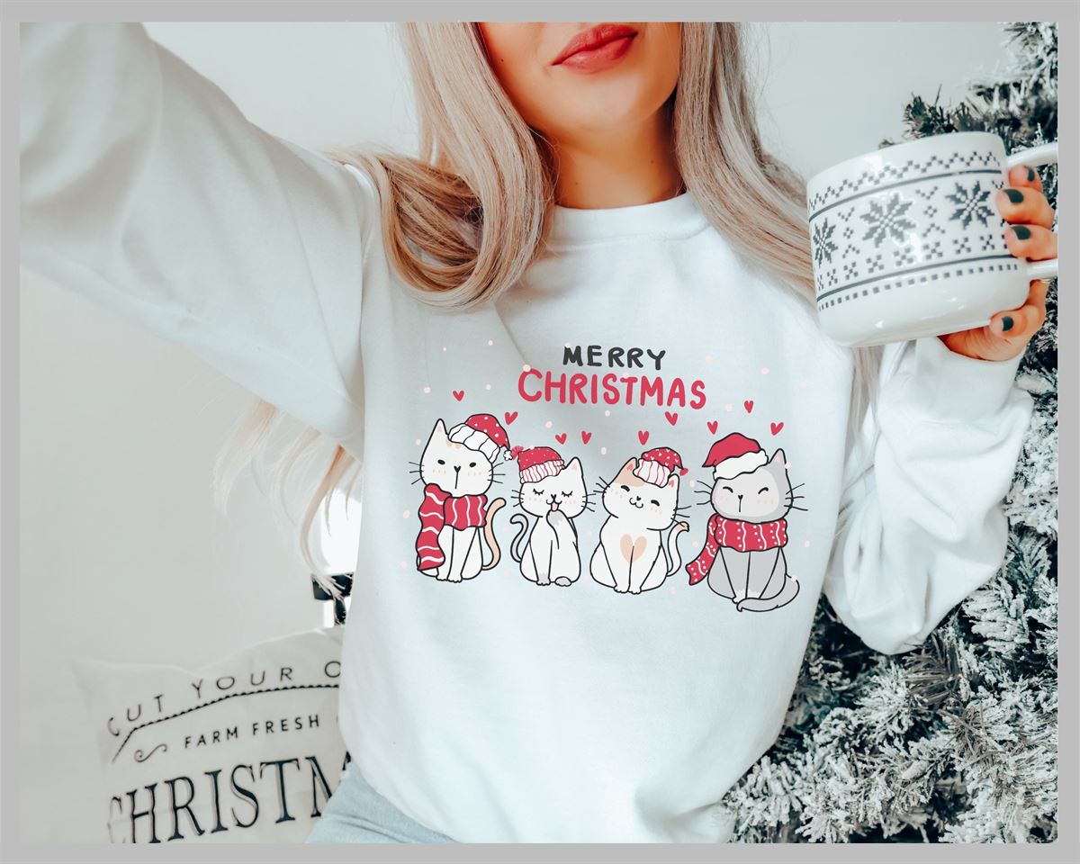 Meowy Christmas Cat Sweatshirt Gift Christmas Cat Owner Christmas Sweater Cat Lover Happy Cats Shirt Fun Xmas Sweater Full Size Up To 5xl