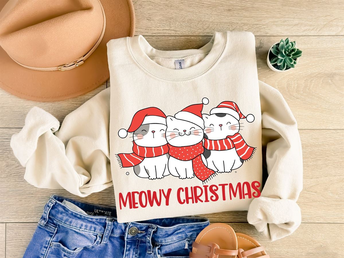 Meowy Christmas Sweatshirt Cute Meowy Xmas Tshirt Cute Cats Women Sweatshirt Cat Lovers Women Xmas Tshirt Cat Mom Xmas Gift Cat Lovers Full Size Up To 5xl