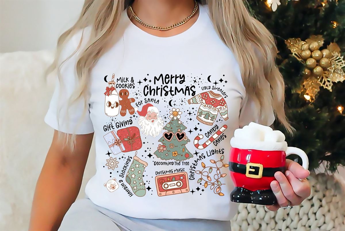 Merry Christmas Shirt Tis The Season Shirt Cookies And Milk Tee Winter Vibes Santa Shirt Christmas Vibes Shirt Christmas Doodles Shirt Plus Size Up To 5xl