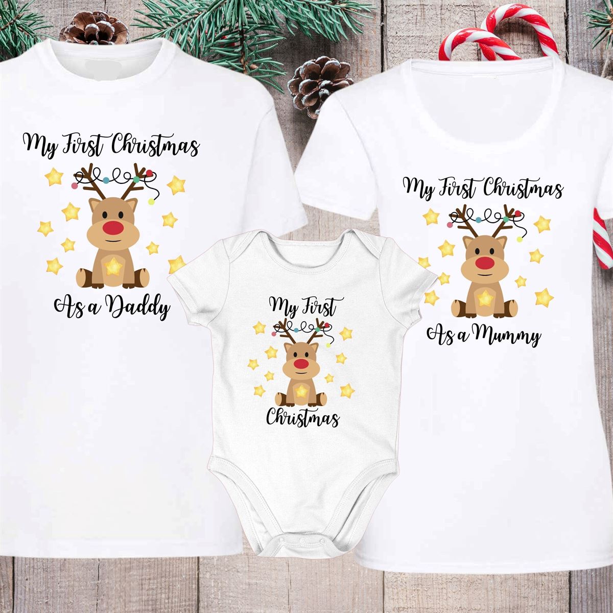 My First Christmas Baby Vest – Matching Mummy And Daddy Designs – Family Xmas T-shirts – First Christmas As A Family- Reindeer Graphic Full Size Up To 5xl