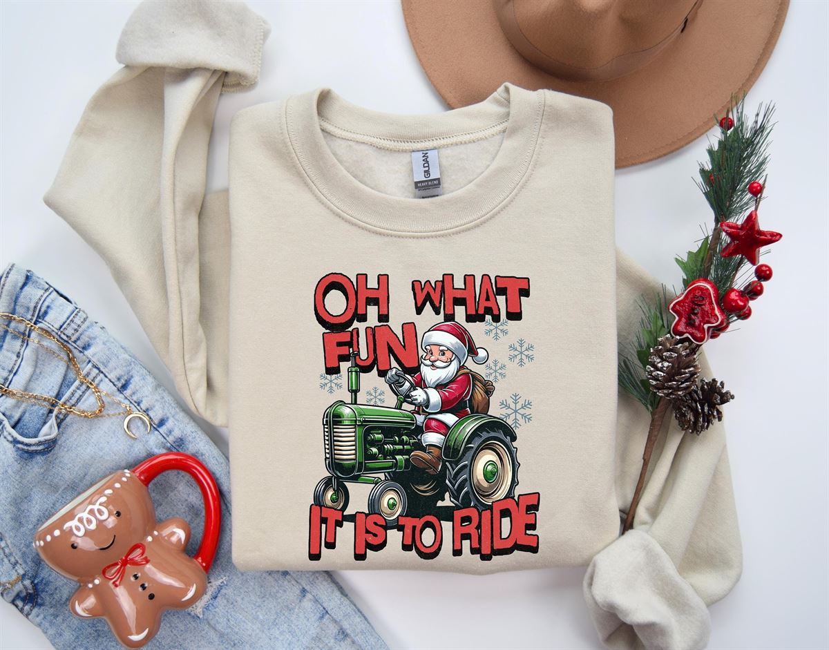 Oh What Fun It Is To Ride Sweatshirt Christmas Tractor Shirt Christmas On The Farm T-shirt Reindeer Farmer Sweater Size Up To 5xl