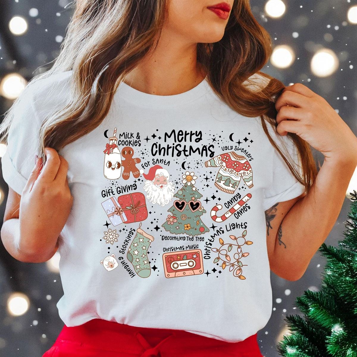 Personalized Christmas T-shirt For Women Festive Holiday Graphic Tee With Santa Stockings Lights Cute Christmas Gifts Seasonal Fun Top Size Up To 5xl