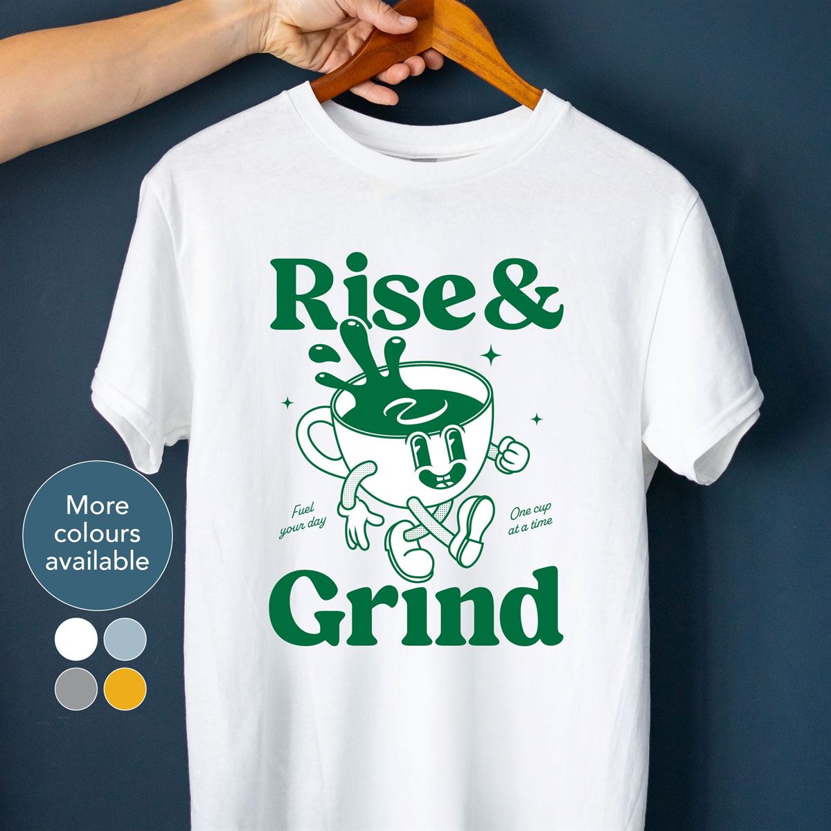 Rise And Grind Green Coffee Graphic Tee Unisex Caffeine Junkie Cool T-shirt Unique Gift For Espresso Lover Fun Retro Cartoon 0105 Full Size Up To 5xl