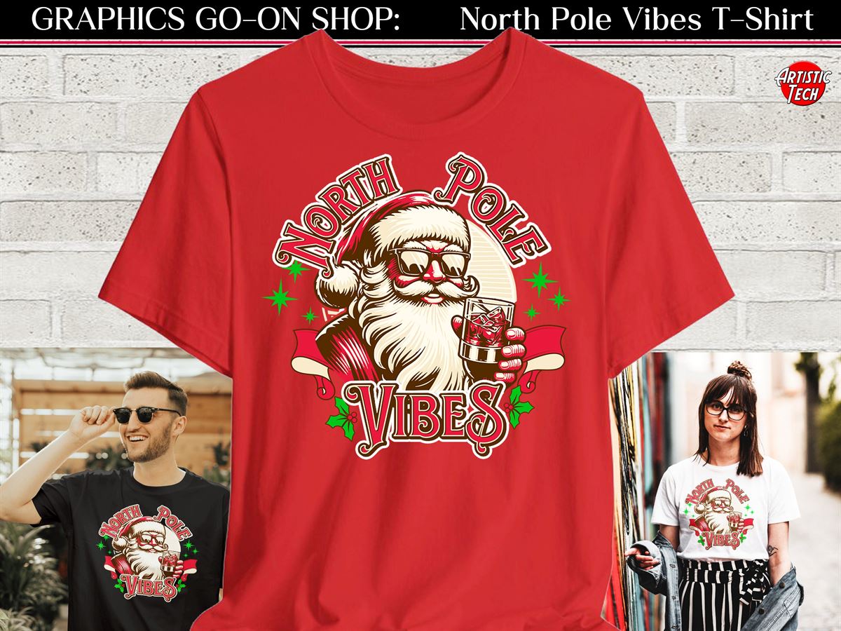 Santa In Sunglasses Christmas Tee North Pole Vibes Shirt Holiday Santa Top Christmas Gift Unisex Tee Festive Tee Christmas Santa Birthday Full Size Up To 5xl