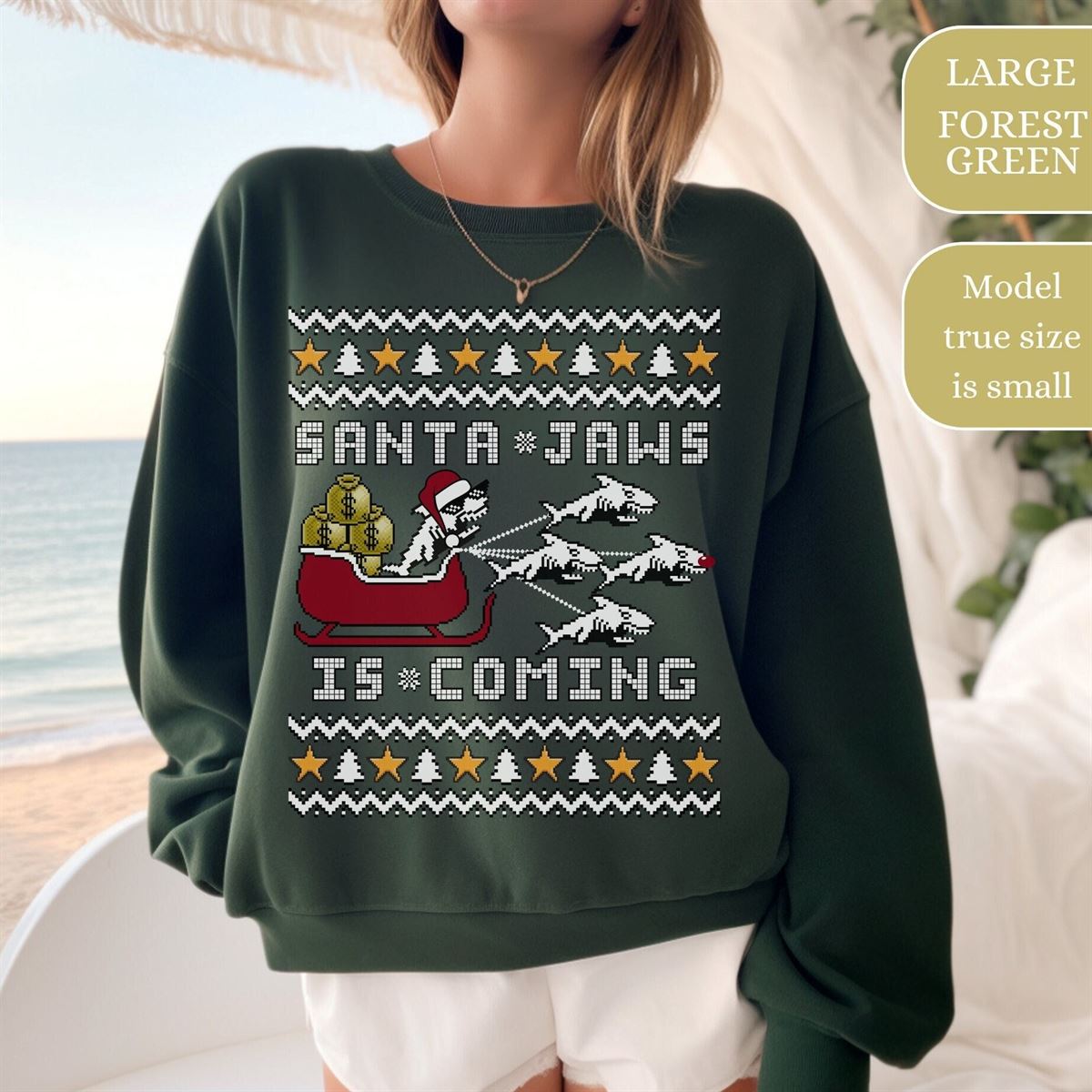 Santa Jaws Is Coming Ugly Christmas Sweater Or Tee Ugly Shark Ocean Sweater Oversized Hoodie Christmas Shark Jaws Lover Hoodie And T-shirt Full Size Up To 5xl