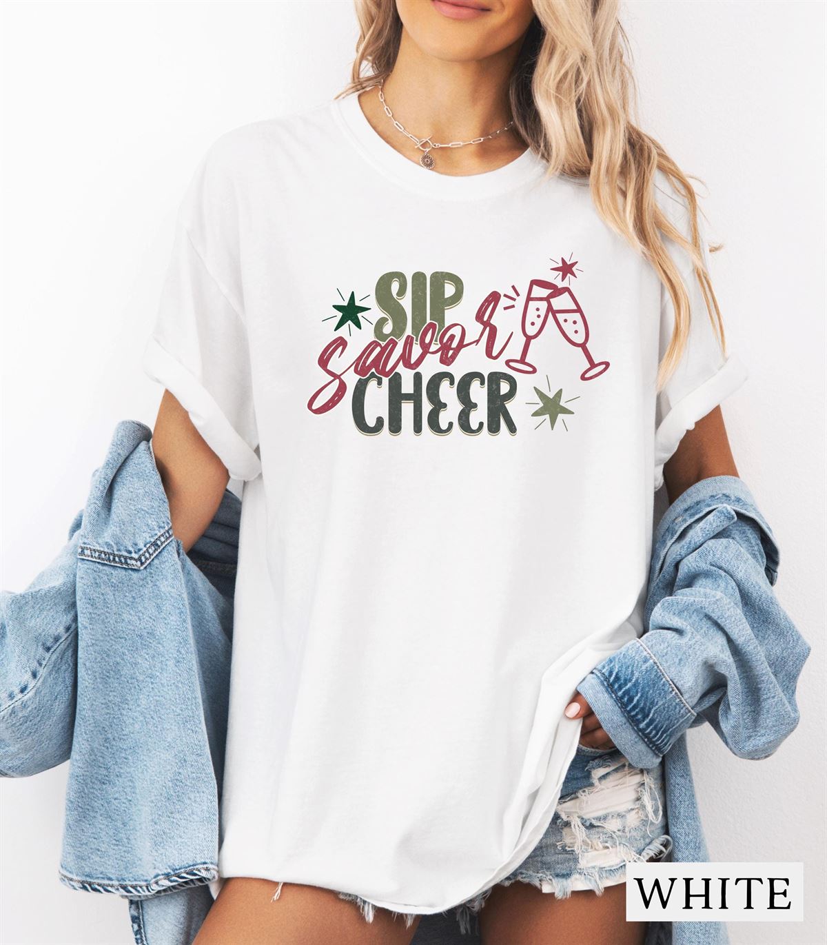 Sip Savor Cheer Womens Graphic Tee Comfort Colors Holiday Shirt Christmas New Years T-shirt Festive Gift Fun Wine And Champagne Shirt Full Size Up To 5xl