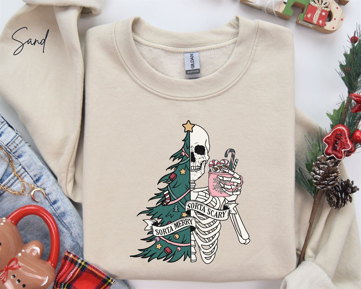 Sorta Merry Sorta Scary Sweatshirt Skeleton Christmas Shirt Fun Holiday Outfit Christmas Tree Shirt Goth Christmas Pink Punk Holiday Size Up To 5xl