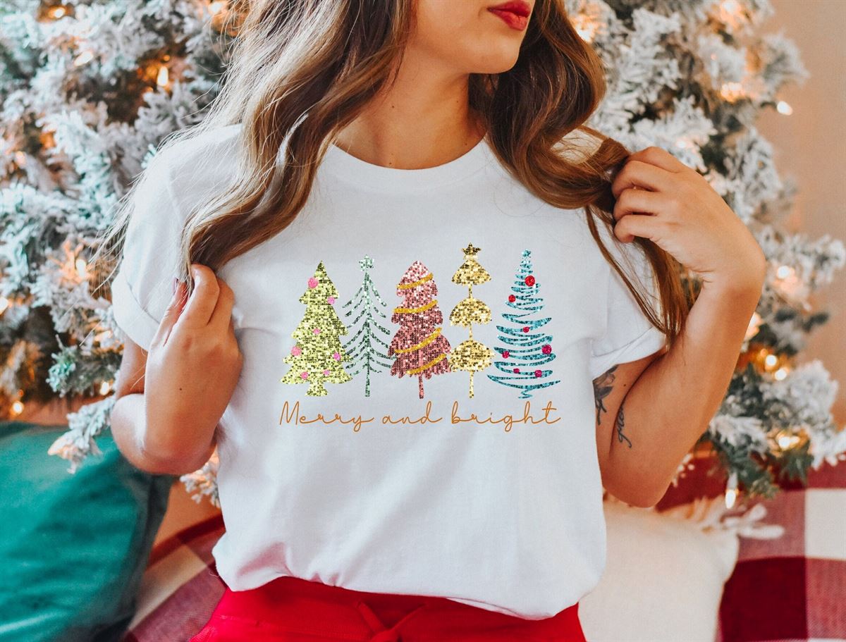 Sparkly Christmas Tree Shirt Merry And Bright Christmas Shirt Glitter Christmas Trees Shirt Women’s Christmas Gift Shirt Cute Xmas Shirt Size Up To 5xl