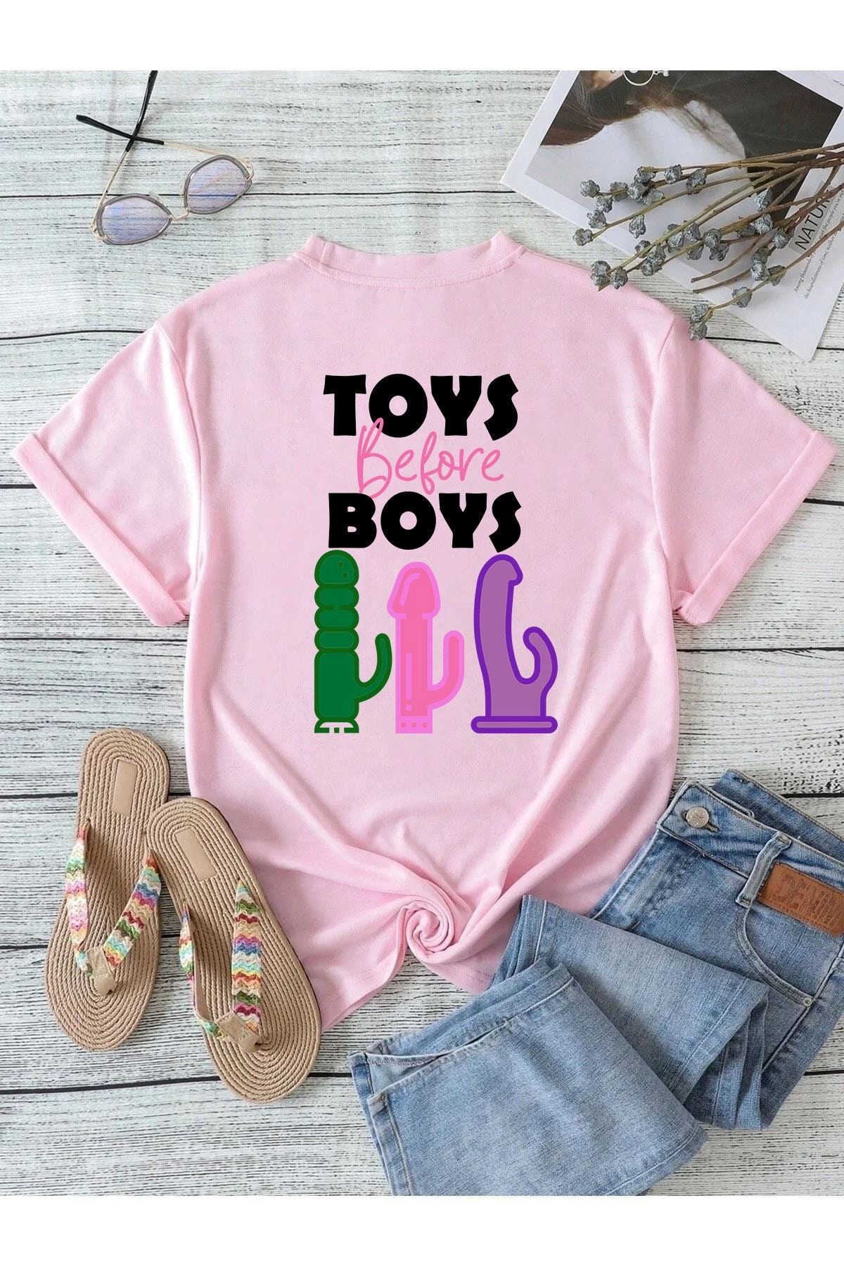 Toys Before Boys Fun Adult Humour Womens Pink T-shirt Womens Fashion Girls Nights Hen Parties Christmas Gifts Shit Shirt Night Plus Size Up To 5xl