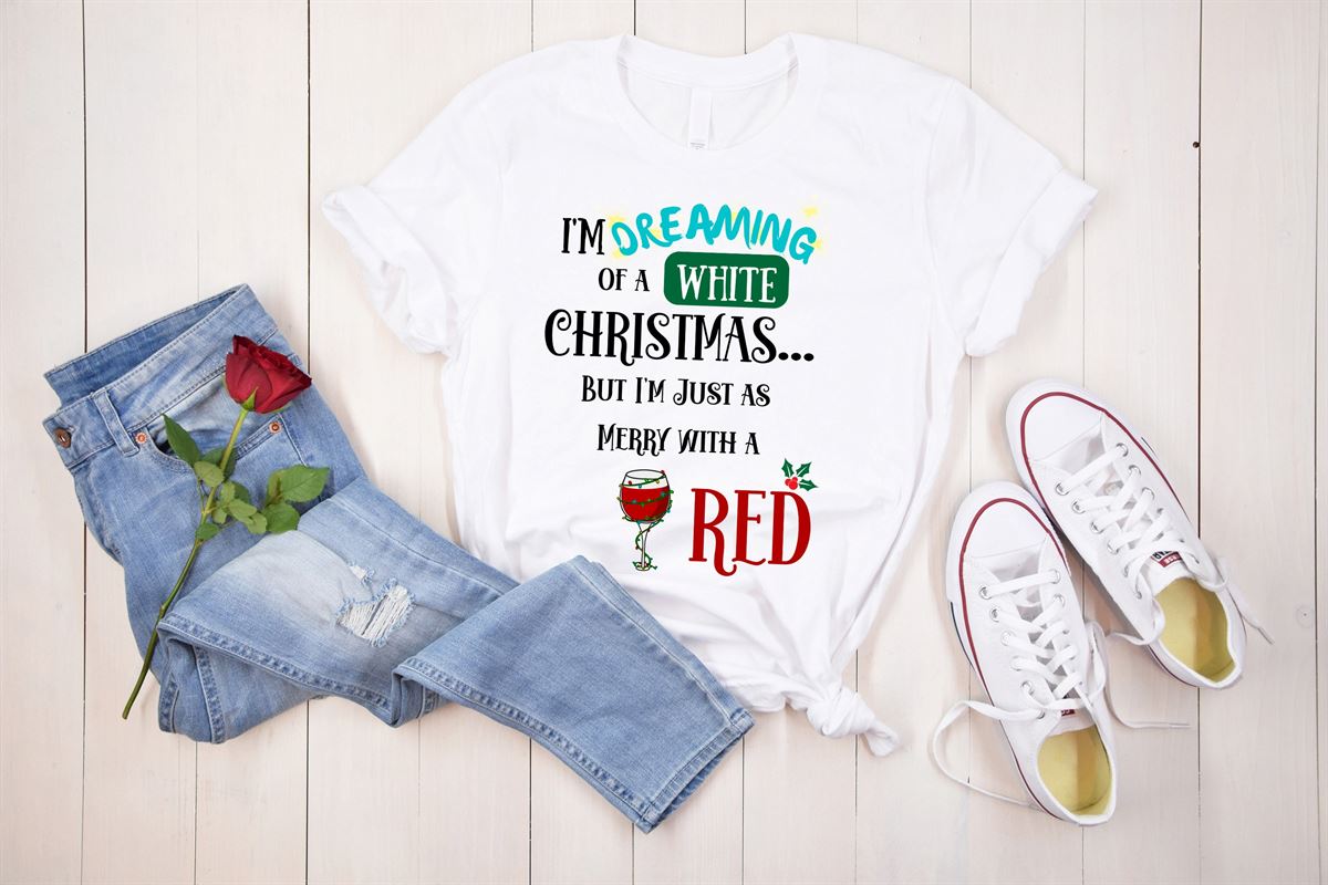 Women’s Christmas Crewneck T-shirt Wine Lovers Shirt Red And White Wine Shirt Gift For Mom Christmas Gift For Wife Fun Xmas Tee Plus Size Up To 5xl