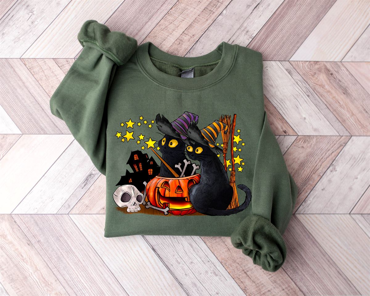 Cat Halloween Sweatshirt Ghost Cat Shirt Halloween Sweater Halloween Cat Shirt Cat Lover Shirt Black Cat Shirt Spooky Season -trungten- 80slx Plus Size Up To 5xl