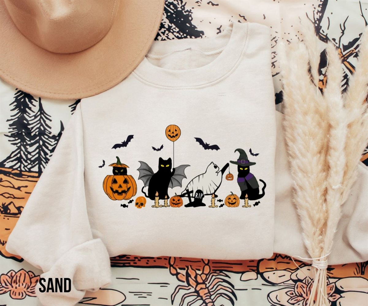 Cat Halloween Sweatshirt Ghost Cat Shirt Halloween Sweater Halloween Cat Shirt Cat Lover Shirt Black Cat Shirt Spooky Season Full Size Up To 5xl