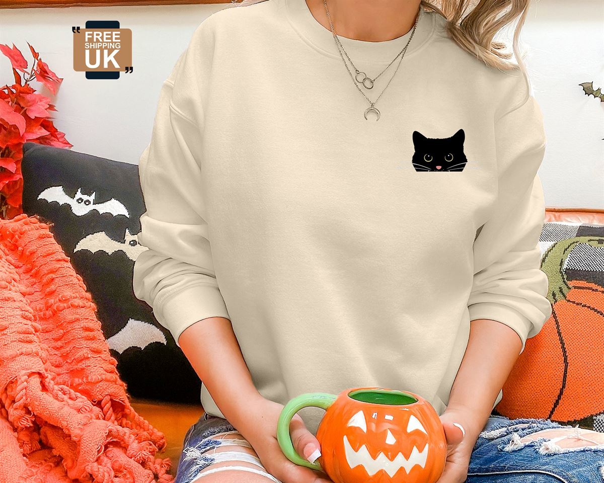 Cute Black Cat Halloween Sweatshirt Fall Cat Printed Sweatshirt Vintage Halloween Party Jumper Spooky Season Shirt Halloween Clothing Full Size Up To 5xl