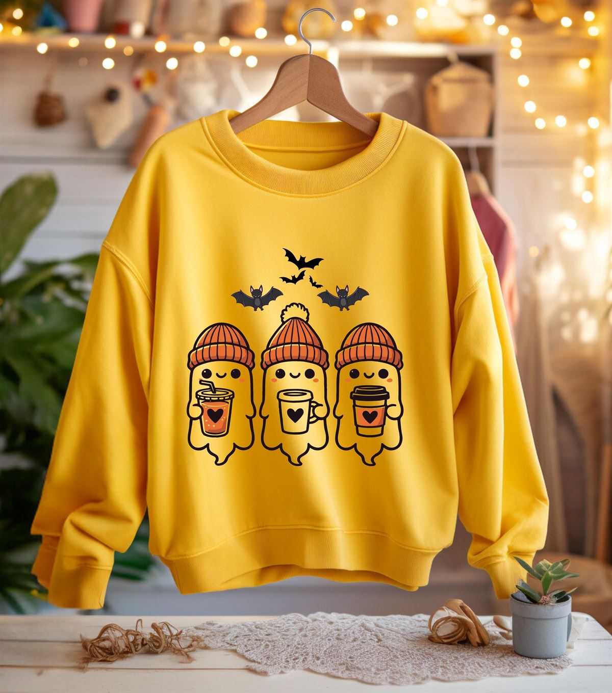 Cute Ghost Sweatshirt For Halloween Halloween Sweater For Women Coffee Lovers Halloween Coffee Jumper Cute Halloween Coffee Lovers Size Up To 5xl