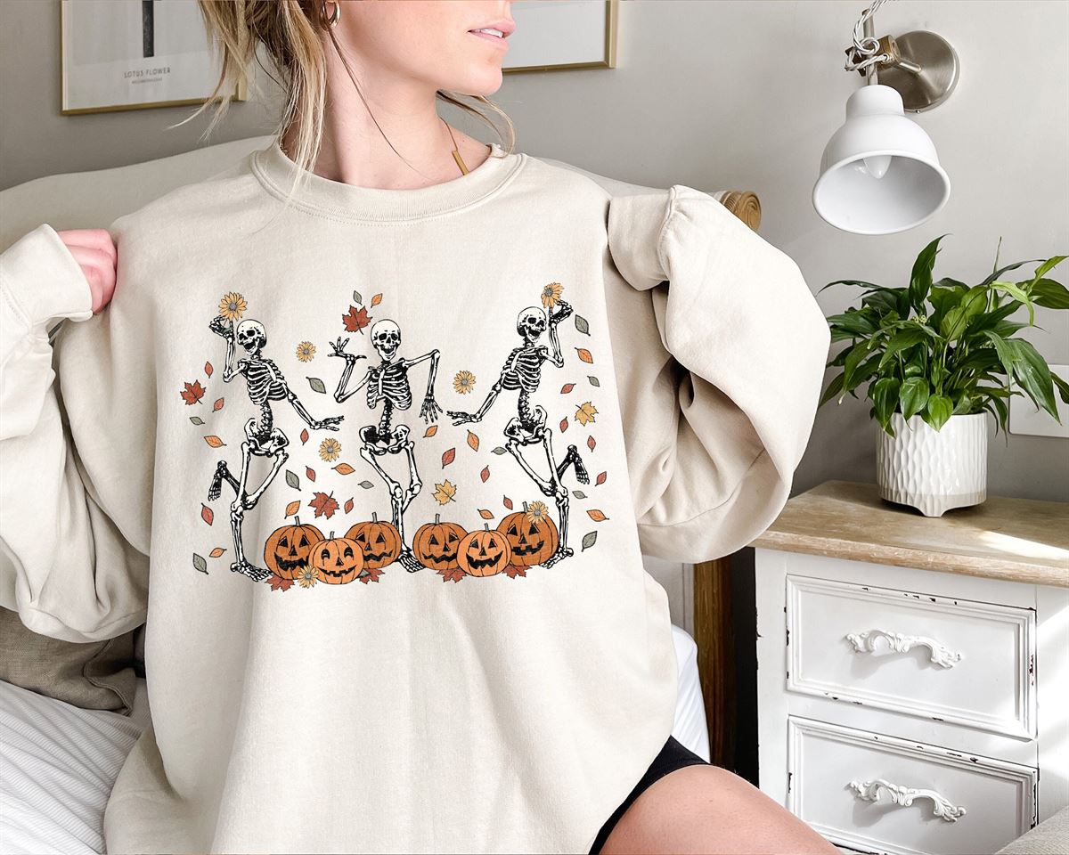 Dancing Skeleton Sweatshirt Pumpkin Sweater Pumpkin Skeleton Shirt Fall Sweatshirt Halloween Party Sweatshirt Spooky Season Sweatshirt -trungten- 4pwcq Plus Size Up To 5xl