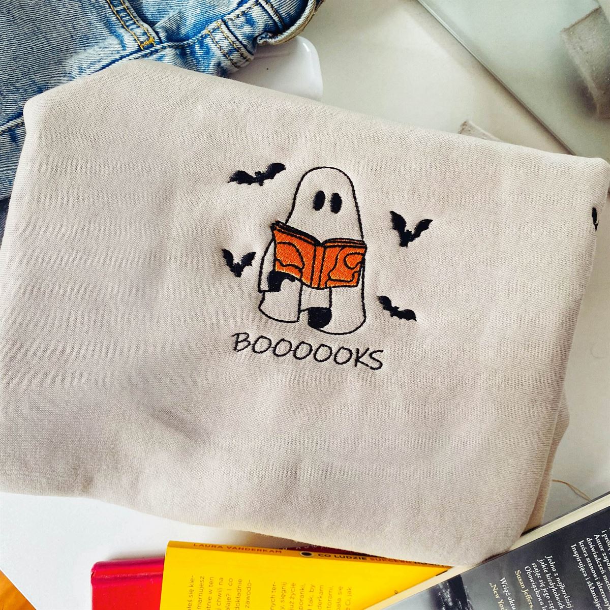 Embroidered Booooks Sweatshirt Librarian Sweatshirt Halloween Book Sweatshirt Ghost Reading Crewneck Book Lovers Halloween Gift Full Size Up To 5xl