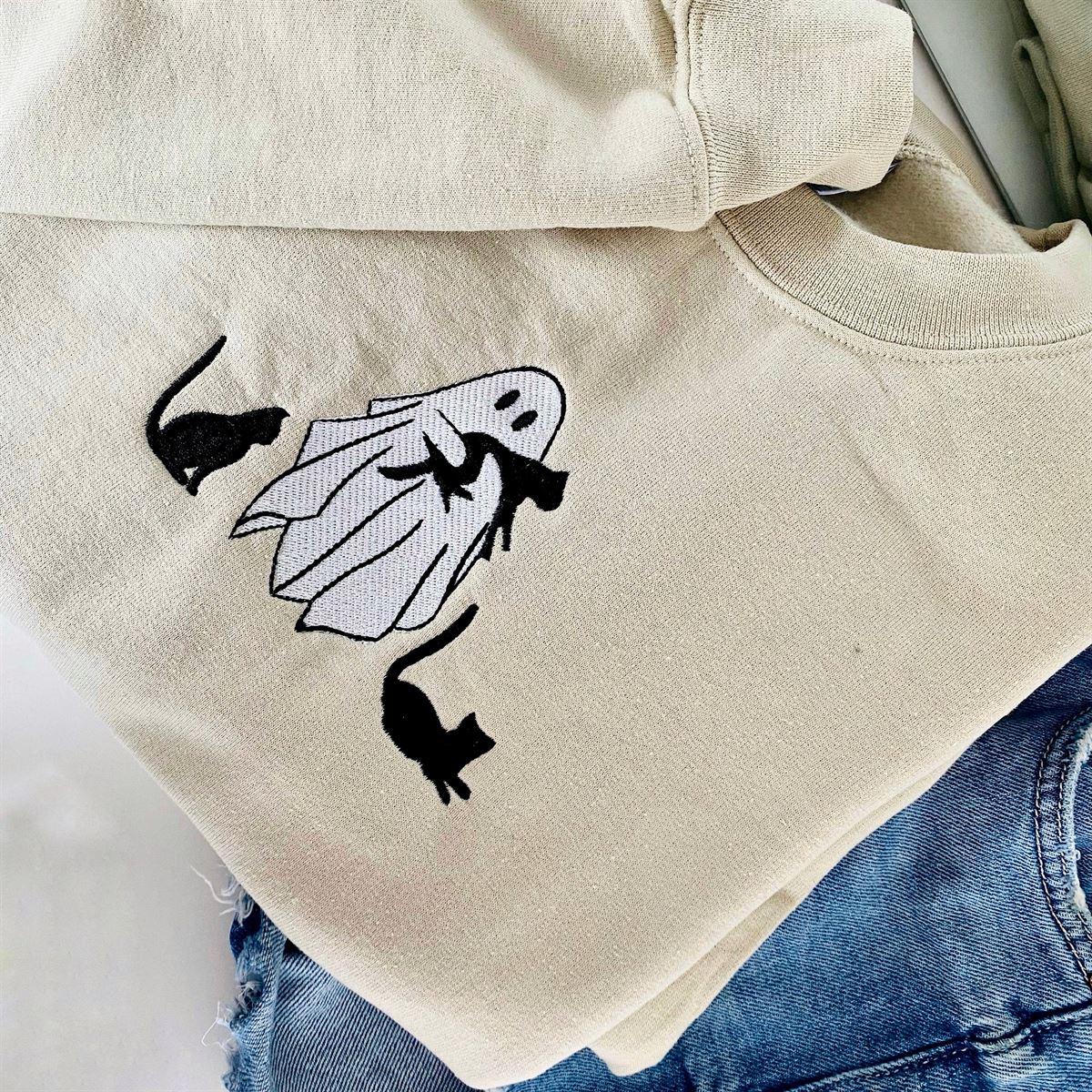 Embroidered Cats Ghost Sweatshirt Fall Sweatshirt Ghost Crewneck Cat Lovers Halloween Sweatshirt Spooky Season Gift For Her Plus Size Up To 5xl