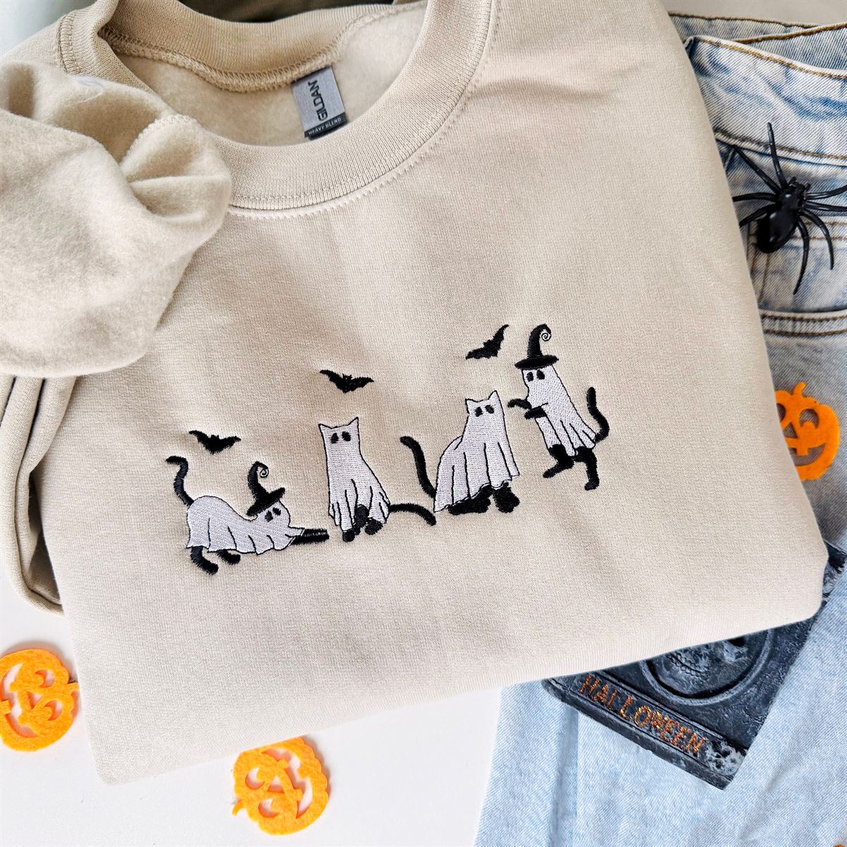 Embroidered Cats Ghost Sweatshirt Fall Sweatshirt Ghost Shirt Cat Lovers Halloween Crewneck Spooky Season Gift For Her Funny Cat Full Size Up To 5xl