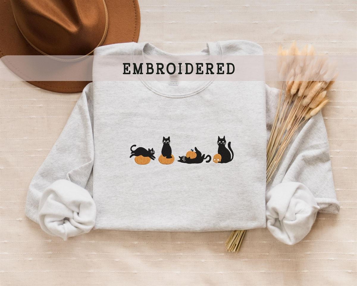 Embroidered Cats Sweatshirt Fall Sweatshirt Ghost Crewneck Cat Lovers Halloween Sweatshirt Spooky Season Gift For Her Funny Cat Size Up To 5xl