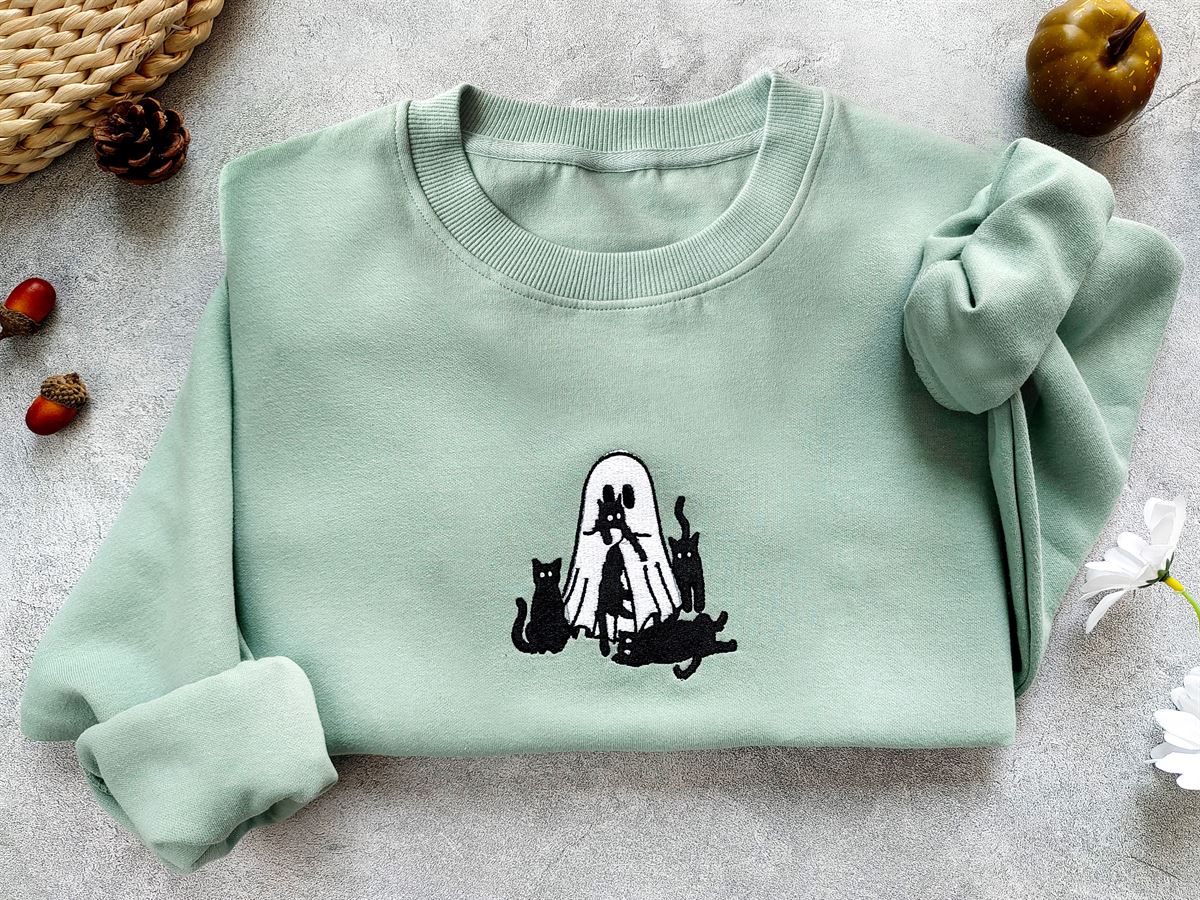 Embroidered Ghost And Cat Sweatshirthalloween Sweatshirt Cathalloween Crewneckghost Shirt Spooky Season Shirthalloween Sweatshirt Plus Size Up To 5xl