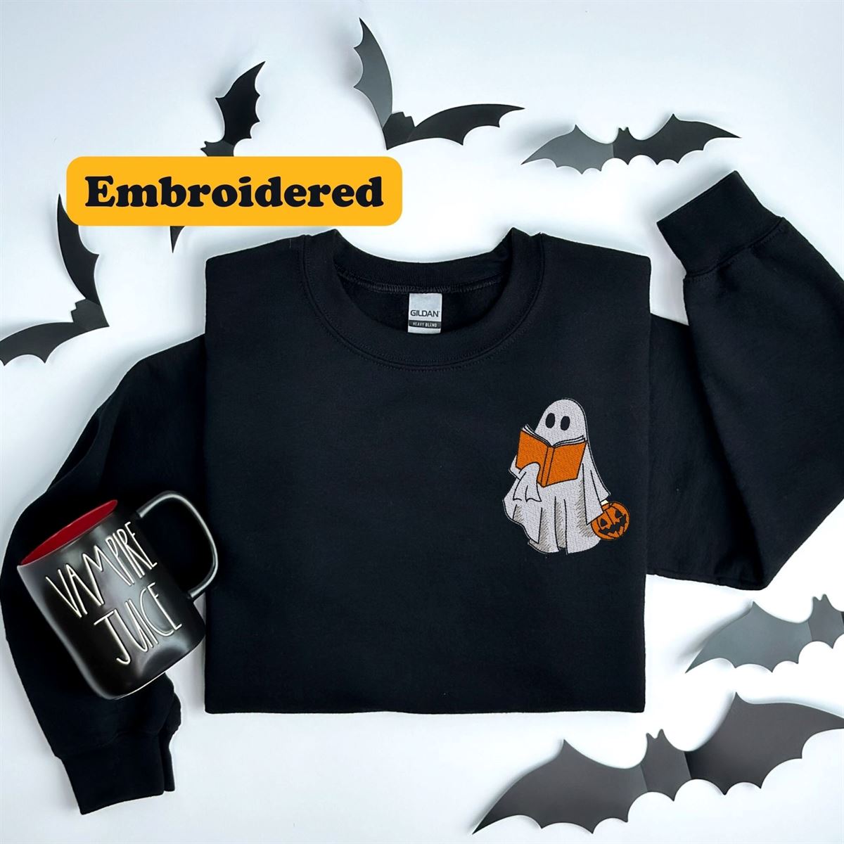 Embroidered Ghost Sweatshirt Embroidered Fall Sweatshirt Book Ghost Sweater Halloween Embroidered Sweatshirt Booooks Sweatshirt Full Size Up To 5xl