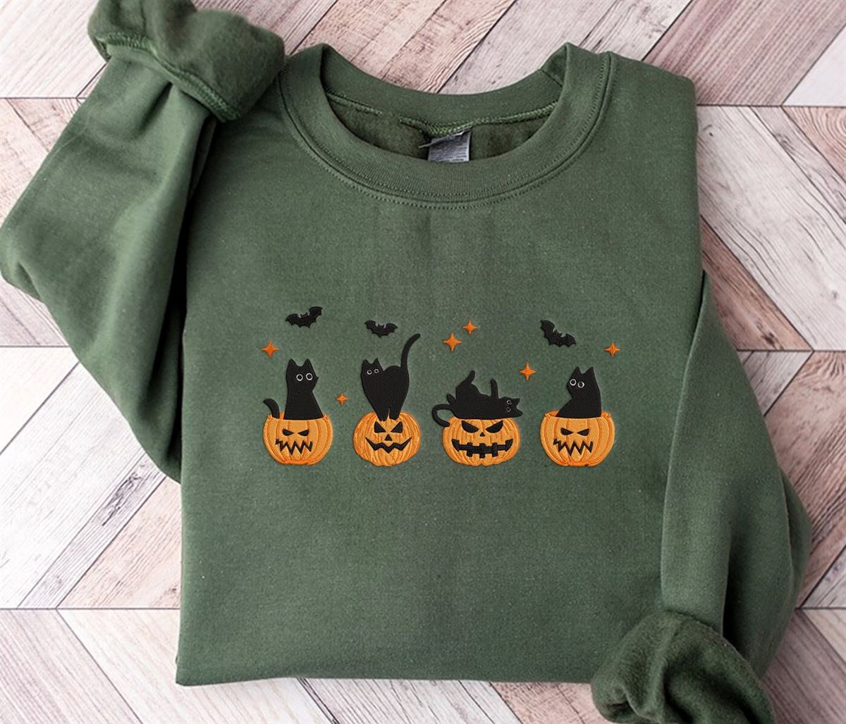 Embroidered Halloween Black Cat Sweatshirt Pumpkin Fall Sweater For Women Halloween Crewneck Spooky Season Bat Tee Top Cat Lover Gift Full Size Up To 5xl