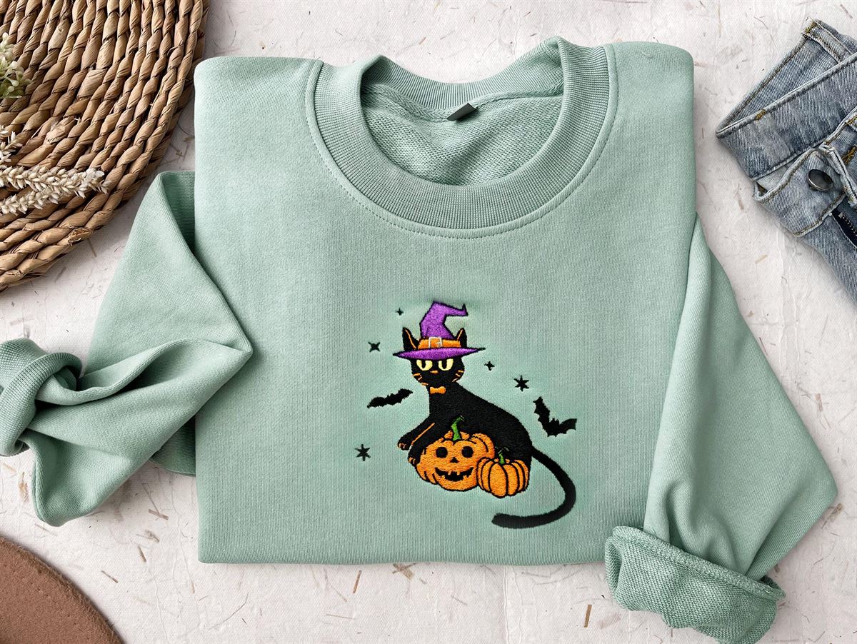 Embroidered Halloween Black Cat Sweatshirtfall Sweatshirt Embroidered Halloween Cat Shirthalloween Crewneck Spooky Season Bat Top Size Up To 5xl