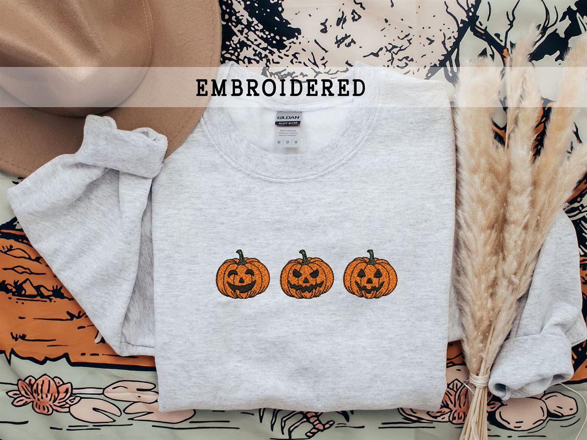 Embroidered Halloween Pumpkin Sweatshirt Spooky Season Fall Crewneck Pumpkins Unisex Hoodie Autumn Shirt Full Size Up To 5xl