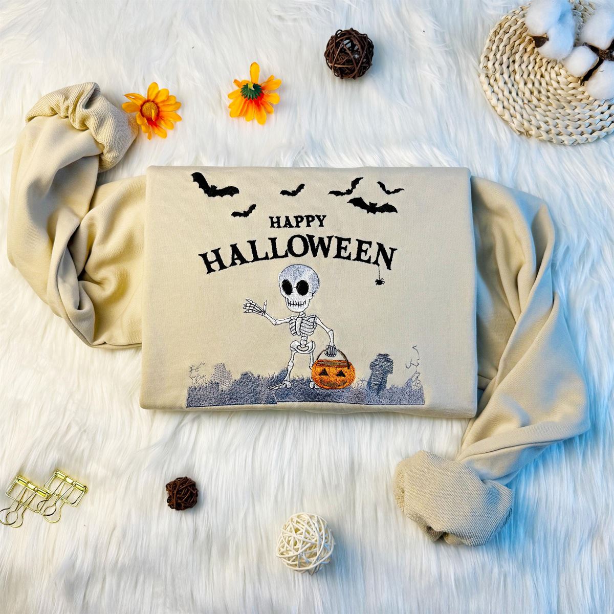 Embroidered Skeleton With Pumpkin Lantern In Cemetery Sweatshirt Halloween Skeleton Embroidered Sweatshirt Hoodie Or T-shirt Unisex Full Size Up To 5xl