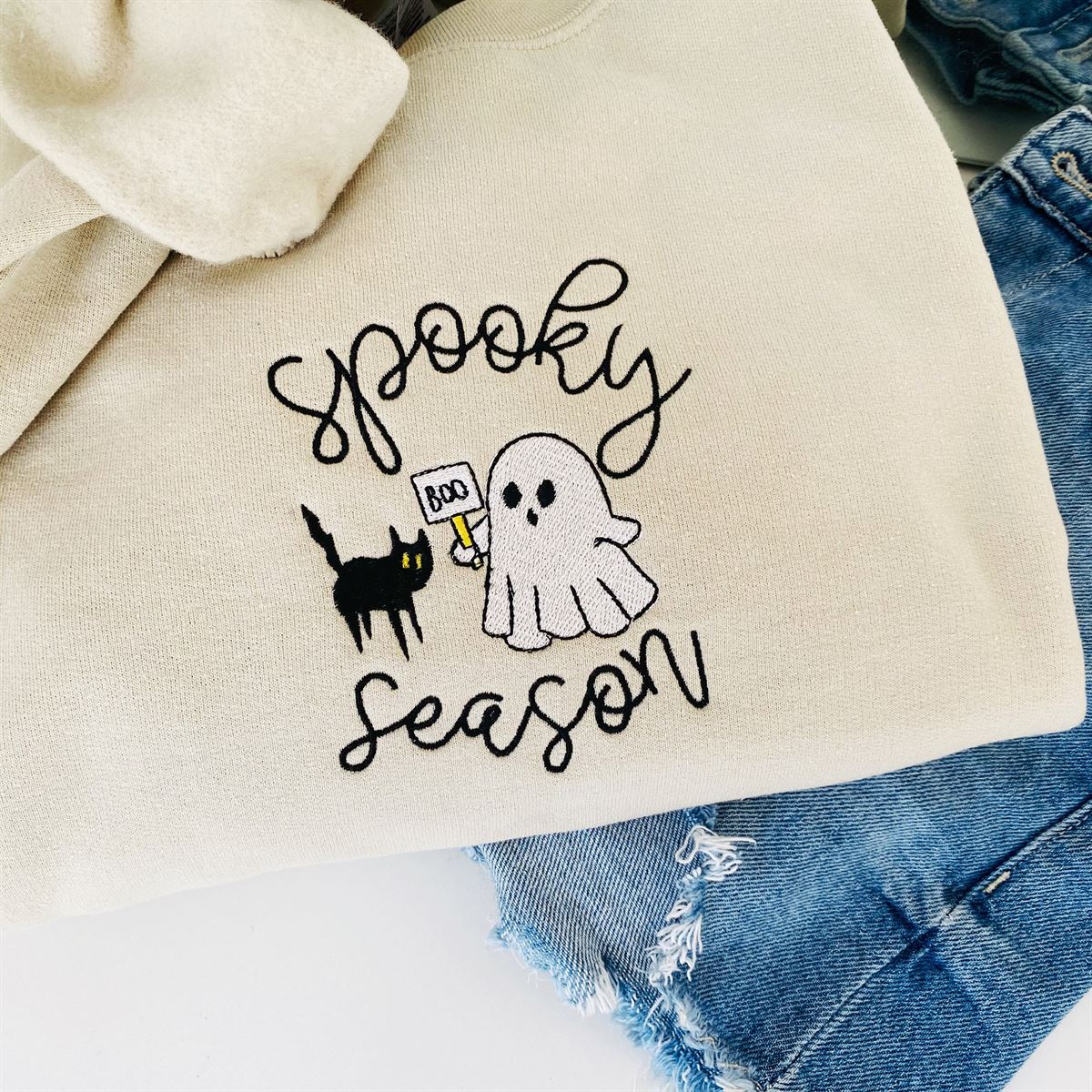 Embroidered Spooky Season Sweatshirt Fall Sweatshirt Ghost Crewneck Cat Lovers Halloween Sweatshirt Funny Halloween Gift For Her -trungten- K5veq Full Size Up To 5xl