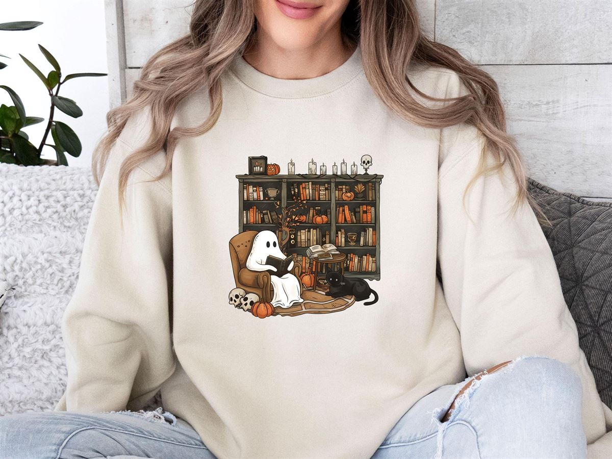 Funny Ghost Sweatshirt Reading Ghost Sweater Funny Halloween Top Black Cat Jumper Halloween Party Top Halloween Womens Hoodie Full Size Up To 5xl